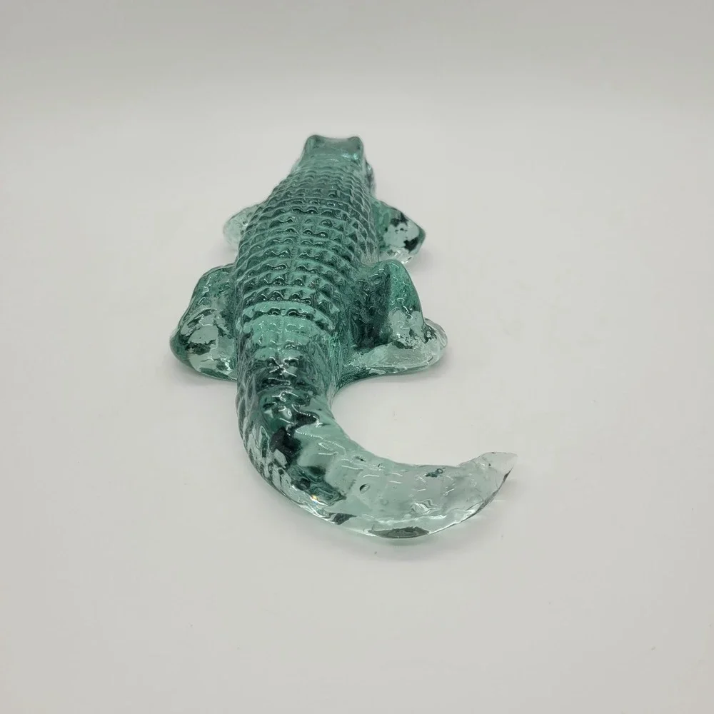 Vintage Art Glass Alligator Figurine Teal Green Textured Crocodile Ornament 6.5